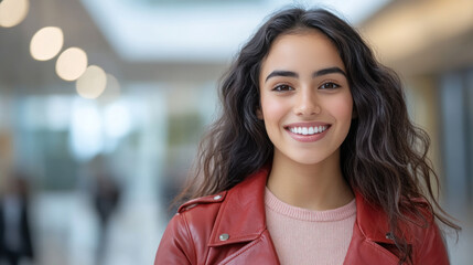 Hispanic woman in red leather jacket smiling at spacious office building
