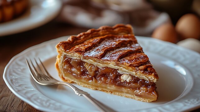 A detailed shot of a single slice of Galette des Rois on a white plate, with a fork resting beside it and the hidden f&egrave;ve (small figurine) peeking out of the filling for added intrigue. --ar 16:9