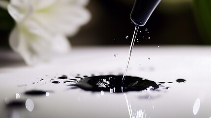 A black pen is dripping ink onto a white surface