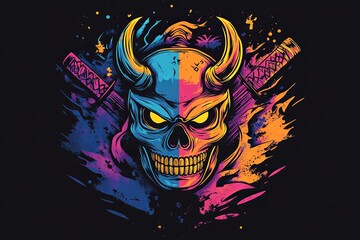 Colorful skull illustration with horns and crossed katanas, vibrant pop art style.