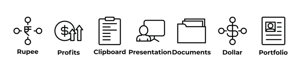 Wealth Strategies Icons set vector illustration with rupee, profits, clipboart, presentation, documents, dollar, portfolio