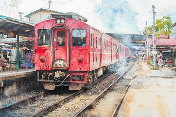 Fototapeta premium A Watercolor Painting of a Red Train Arriving at a Busy Train Station.