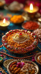 Festive Indian Sweets Diwali Treats Gold Bowl Ceremony Celebration Culture Ritual Decor Spices Nuts