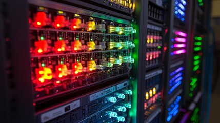 A close-up of illuminated server racks showcasing data processing technology.