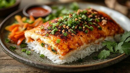 A dramatic close-up of a single slice of Bánh Chưng placed on a ceramic plate, with light catching the glutinous rice and rich filling, accented by vibrant pickles and herbs on the side. --ar 16:9