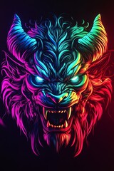 Fototapeta premium Colorful, vibrant digital art of a demonic lion's head with glowing eyes and sharp teeth.