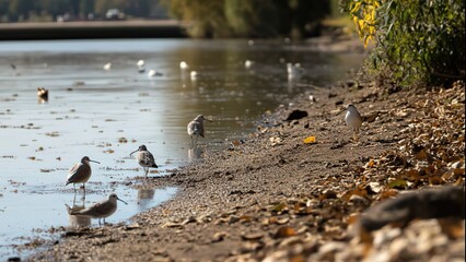 Seabirds and Feces on a Rocky Shoreline with Shallow Water
