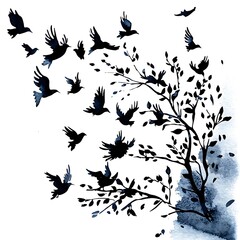 Fototapeta premium Watercolor painting of birds in flight surrounding a stylized tree branch.