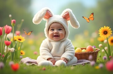 Smiling Baby in a Fluffy Bunny Costume Sitting in a Spring Meadow with Colorful Flowers, Butterflies, and a Basket