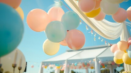 Pastel-colored balloons floating above a white tent setup for an outdoor party.