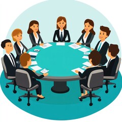 A group of professionals engaged in a meeting around a circular table.