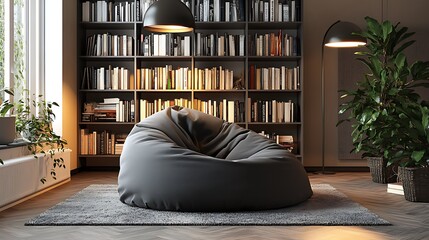 A modern bean bag chair in muted colors set next to a sleek, minimalist bookshelf, soft ambient lighting from a pendant lamp overhead creating a tranquil evening reading atmosphere, hd quality,