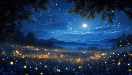 Fototapeta premium Enchanted Firefly Meadow Under a Starlit Night Sky: Serene Moonlight Landscape