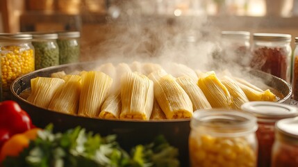 A dynamic shot of tamales cooking in a large steamer pot, with the glistening corn husks and steam filling the frame, surrounded by jars of spices and fresh vegetables. --ar 16:9