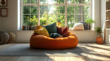 A modern interior featuring a bean bag chair surrounded by eclectic throw pillows in vibrant and muted colors, placed on a lightly textured wooden floor, sunlight filtering through large windows,
