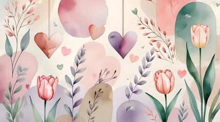 Obraz premium boho style valentine background, heart, rose, plant, watercolor heart, banner