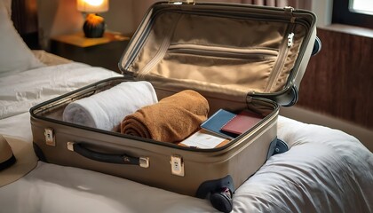 An open suitcase neatly packed with travel essentials, including rolled clothes, toiletries, passport, and a travel itinerary.
