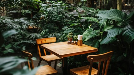 Cozy wooden table surrounded by lush green foliage in cafe setting
