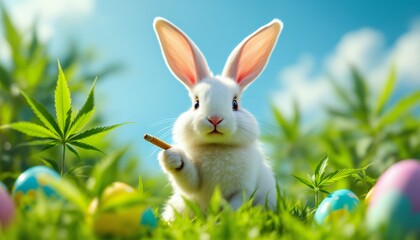 High Easter Bunny: A whimsical image of a white rabbit amidst cannabis plants and Easter eggs.