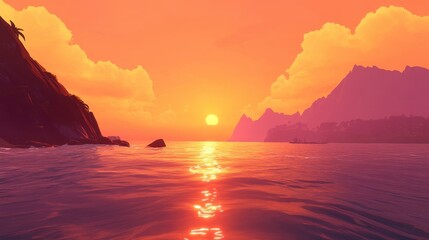 Serene Sunset Over Calm Water With Majestic Mountain Silhouettes