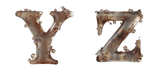 Collection 3D Alphabet Set of "Y,Z" Rendered In Glossy Liquid With Bubbles isolated on transparent background, png