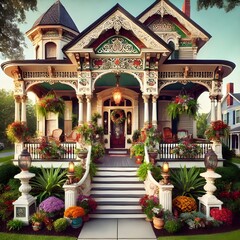 Fototapeta premium Beautifully Decorated Front Porch of Victorian House; Summerville, South Carolina