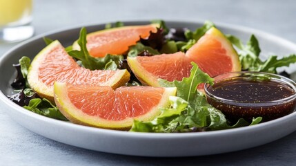 Fresh Salad with Grapefruit Slices and Dressing on a Gray Plate