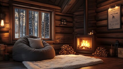 A rustic log cabin with a bean bag chair in front of a roaring fire, natural wooden walls, a soft sheepskin rug, and subtle flickering light creating a peaceful retreat, hd quality, natural charm.