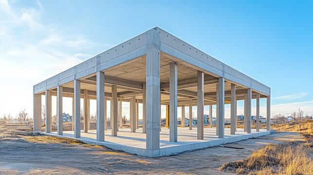 Modern industrial construction site featuring a concrete frame structure under a clear blue sky, highlighting architectural innovation and progress.