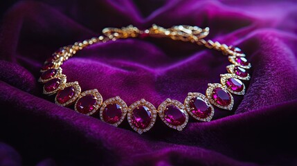 Obraz premium A luxurious gold necklace with ruby gemstones, styled on a deep purple velvet background for a regal look.
