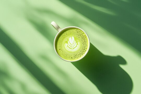 top view of a mug with a bright matcha latte with latte art on top