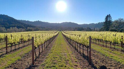 Fototapeta premium Scenic Vineyard Landscape Under Bright Sunlight in Early Spring
