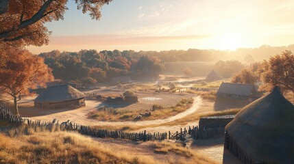 Serene Sunrise Over Countryside Village with Rustic Houses