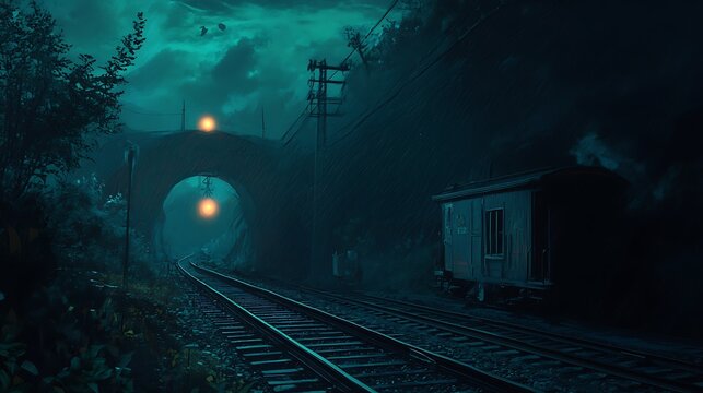 A railway tunnel illuminated by a distant light representing the journey toward a hidden destination 