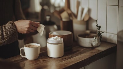 Cozy morning coffee preparation with creamy froth in a rustic kitchen setting, highlighting artisanal brewing for ultimate relaxation.