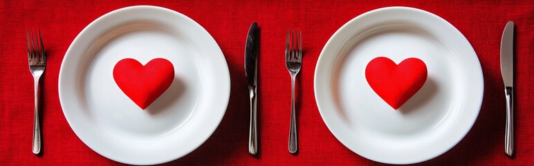 Two plates with red heart-shaped decorations on a red tablecloth, suggesting a romantic setting.