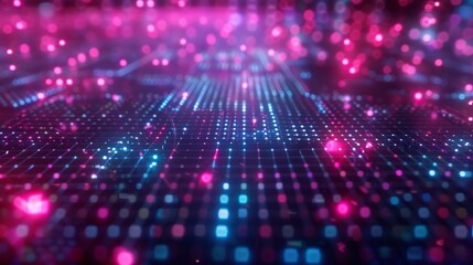 Abstract Digital Network: Glowing Grid of Pink and Blue Lights