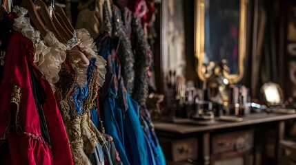 Fototapeta premium Backstage dressing room filled with colorful costumes and props, symbolizing creativity, preparation, and the magic of transformation in performing arts