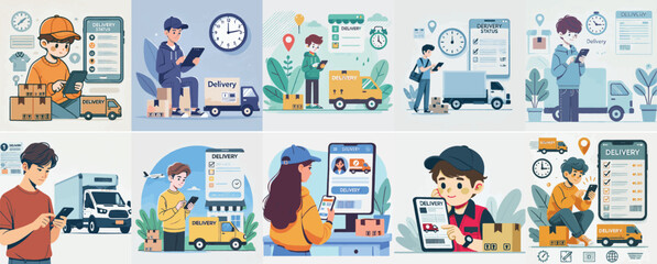 Vector set of a teenager checking delivery status with simple flat design style