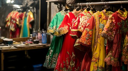 Backstage dressing room filled with colorful costumes and props, symbolizing creativity, preparation, and the magic of transformation in performing arts