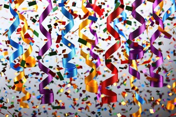 Obraz premium Celebration confetti and streamers festive event colorful decorations indoor setting close-up view party atmosphere