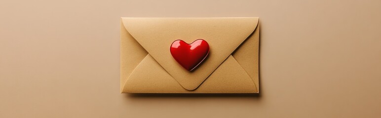 A beige envelope with a glossy red heart, symbolizing love or affection.