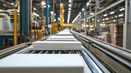 Ceramic tiles being transported on conveyor belts to the cooling section in a modern, efficient plant."
