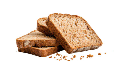 Freshly Sliced Brown Bread Stacked on Top of Each Other with Crumbs on White Background for Culinary and Bakery Use