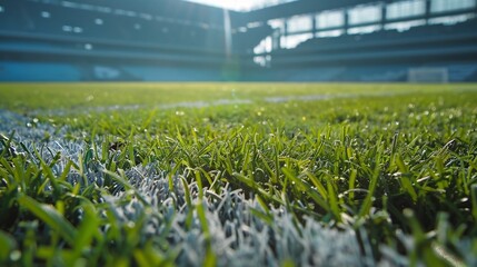 Close-up view of a vibrant green grass field, showcasing the texture and details of the turf, with a blurred stadium background, suggesting a sporting event or athletic competition.