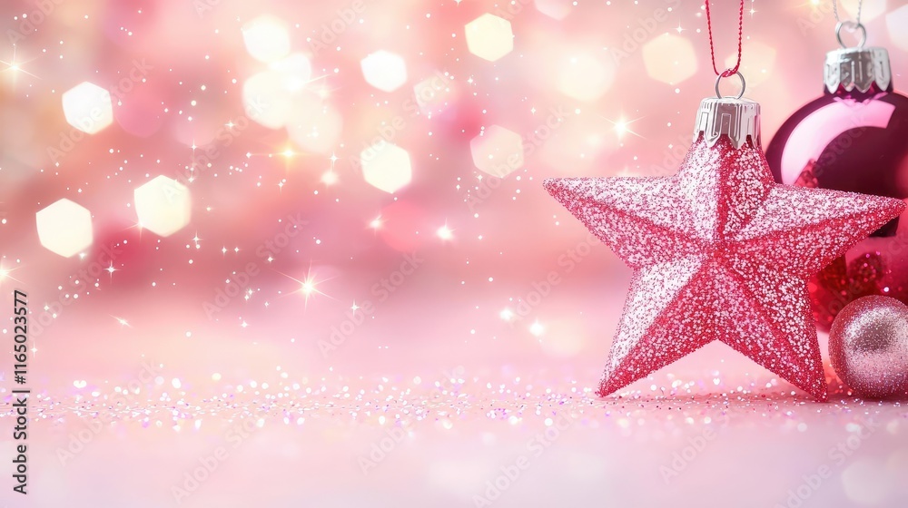Poster starry abstract background idea. festive decorations feature a sparkling star and ornaments against 
