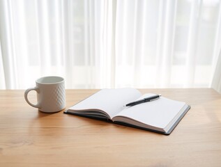 A wooden desk with a white mug, a notebook, a pen. The notebook is open and the pen is resting on top of it