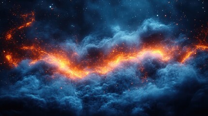 Fiery nebula in dark, smoky clouds.