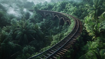 A steel railway track curving through a lush forest inviting the viewer on a tranquil adventure 