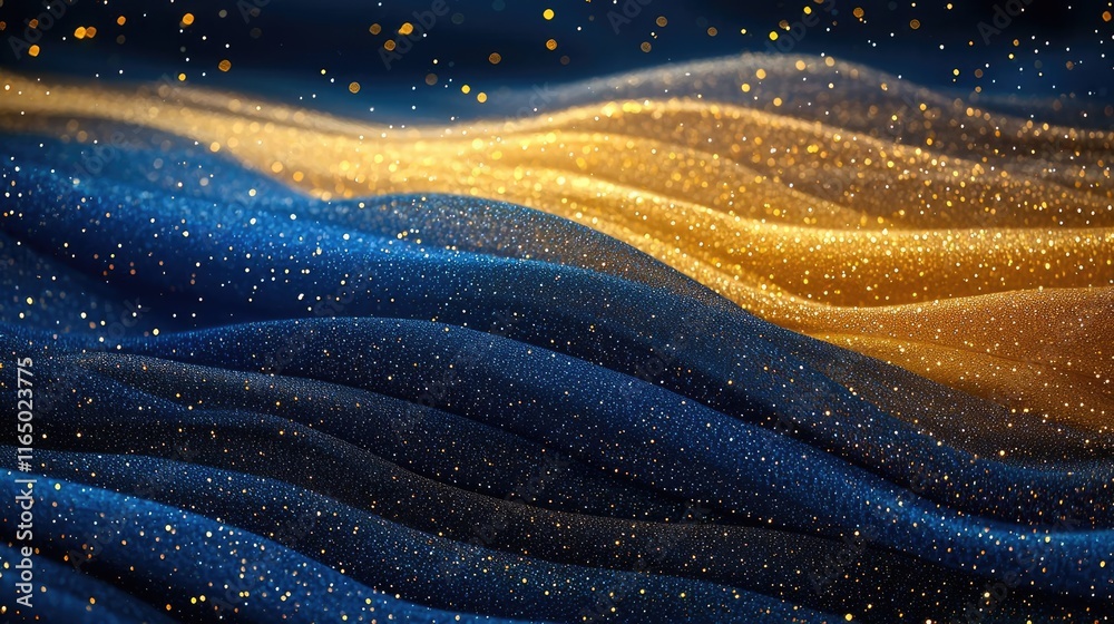 Poster Starry abstract background idea. Abstract waves of blue and gold glitter creating a mesmerizing visual effect.